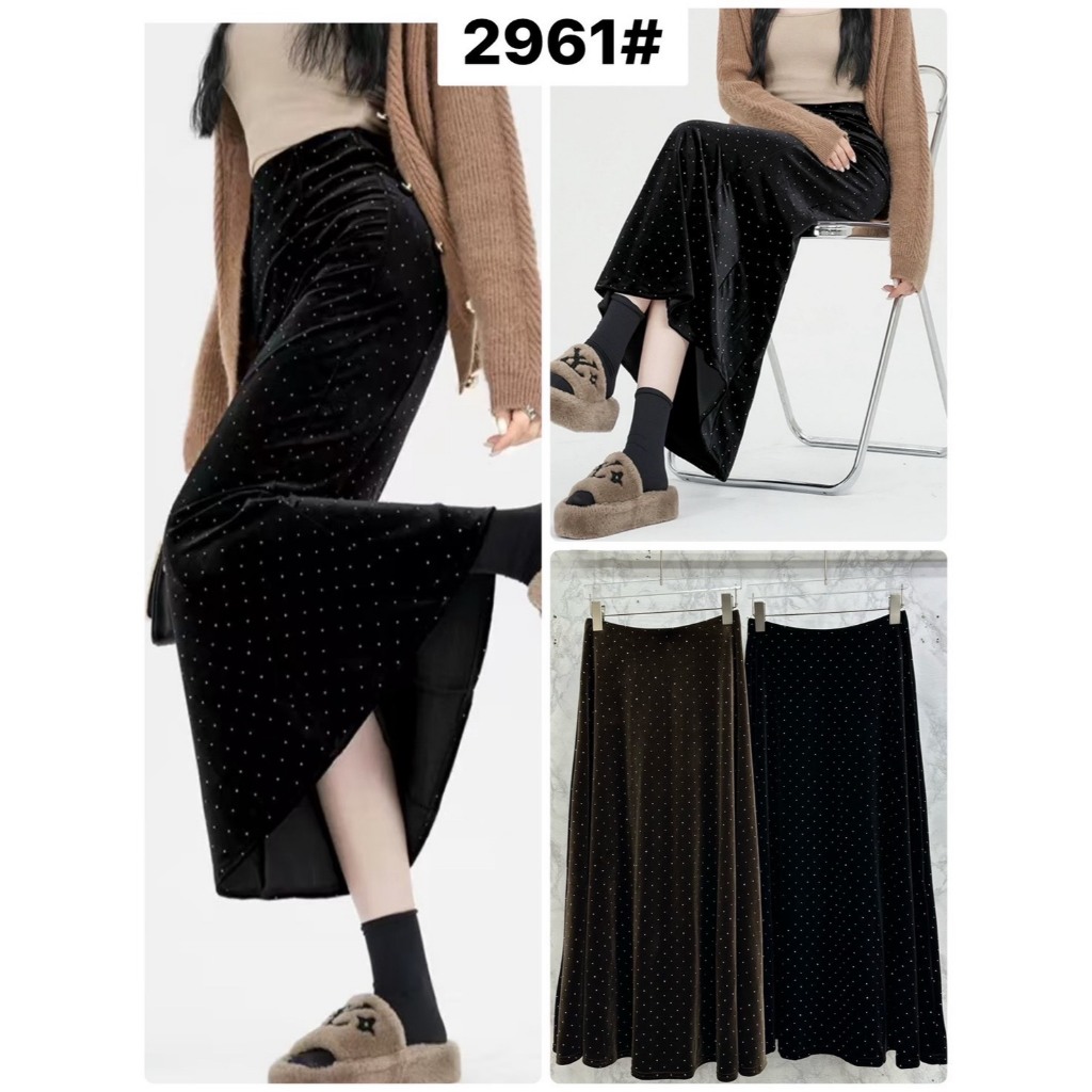 กระโปรงทรงเอยาวผ้ากำมะหยี่รีดเพชร เอวยางยืด #2961