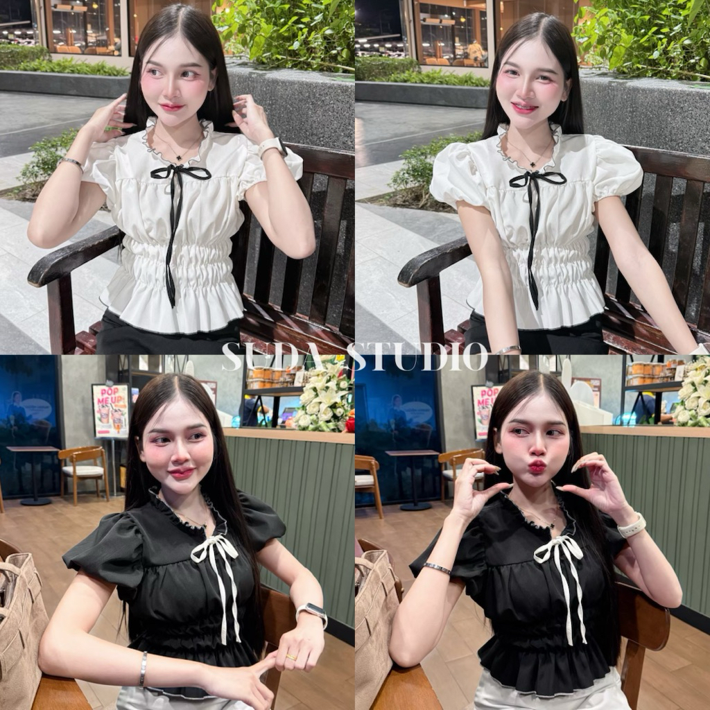 SUDA STUDIO SD01 - เสื้อจั๊มเอว คอระบายผูกโบว์ แขนตุ๊กตา สีขาวและดำ ดีไซน์น่ารัก