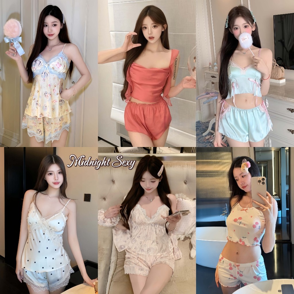 ชุดนอน ชุดนอน 2 ชิ้น คอวีลึก เสื้อ+กางเกงขาสั้น ลูกไม้ ซาติน น่ารัก หวาน ผ้านิ่ม ใส่สบาย ฟรีไซส์