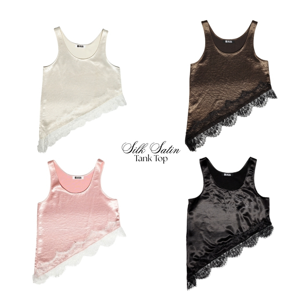 BXB - SILK SATIN TANK TOP เสื้อกล้ามซาตินแต่งชายผ้าลูกไม้ / ส่งด่วน
