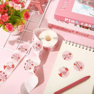 500ดวง สติกเกอร์ขอบคุณ สติกเกอร์ลายสตรอเบอร์รี่ ติดกล่อง ติดแก้ว sticker