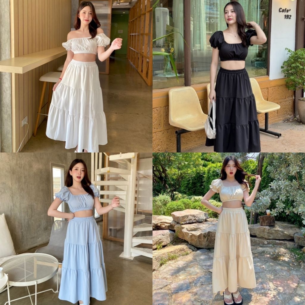 maymuseชุดเซ็ตเสื้อครอปแขนตุ๊กตา+กระโปรงยาวใส่ได้2แบบ ชุดเที่ยวทะเลสีขาวป้ายnanny