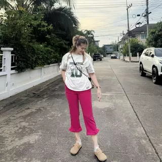 กางเกง 7 ส่วน แต่งระบาย เนื้อผ้าวูลเวฟ ใส่สบาย เอวใหญ่สุด 44