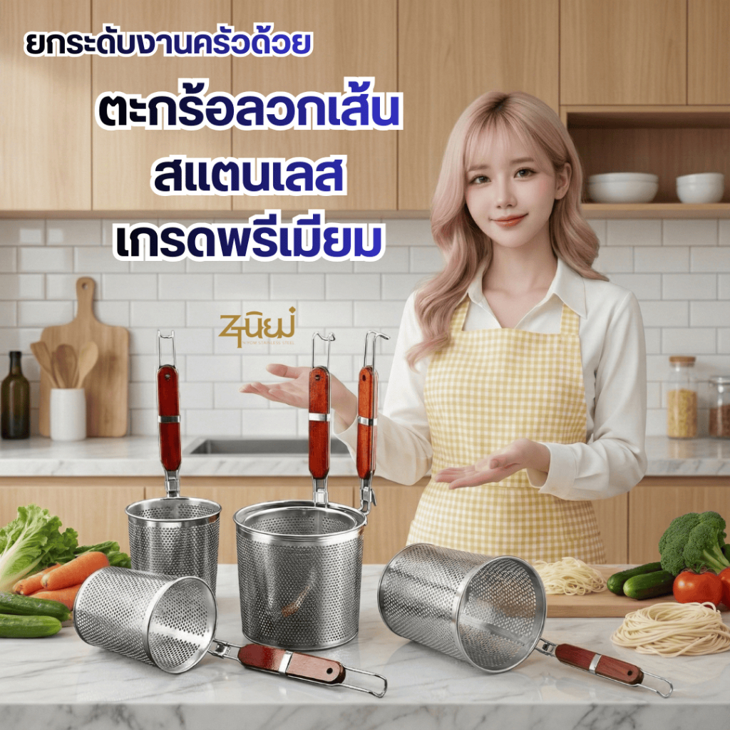ตะกร้อลวกเส้นสแตนเลส ด้ามไม้ (เกรดพรีเมียม) กระชอนลวกก๋วยเตี๋ยว มีให้เลือก 4 ขนาด (12-18 ซม.) ทนทาน ไม่เป็นสนิม พร้อมส่ง