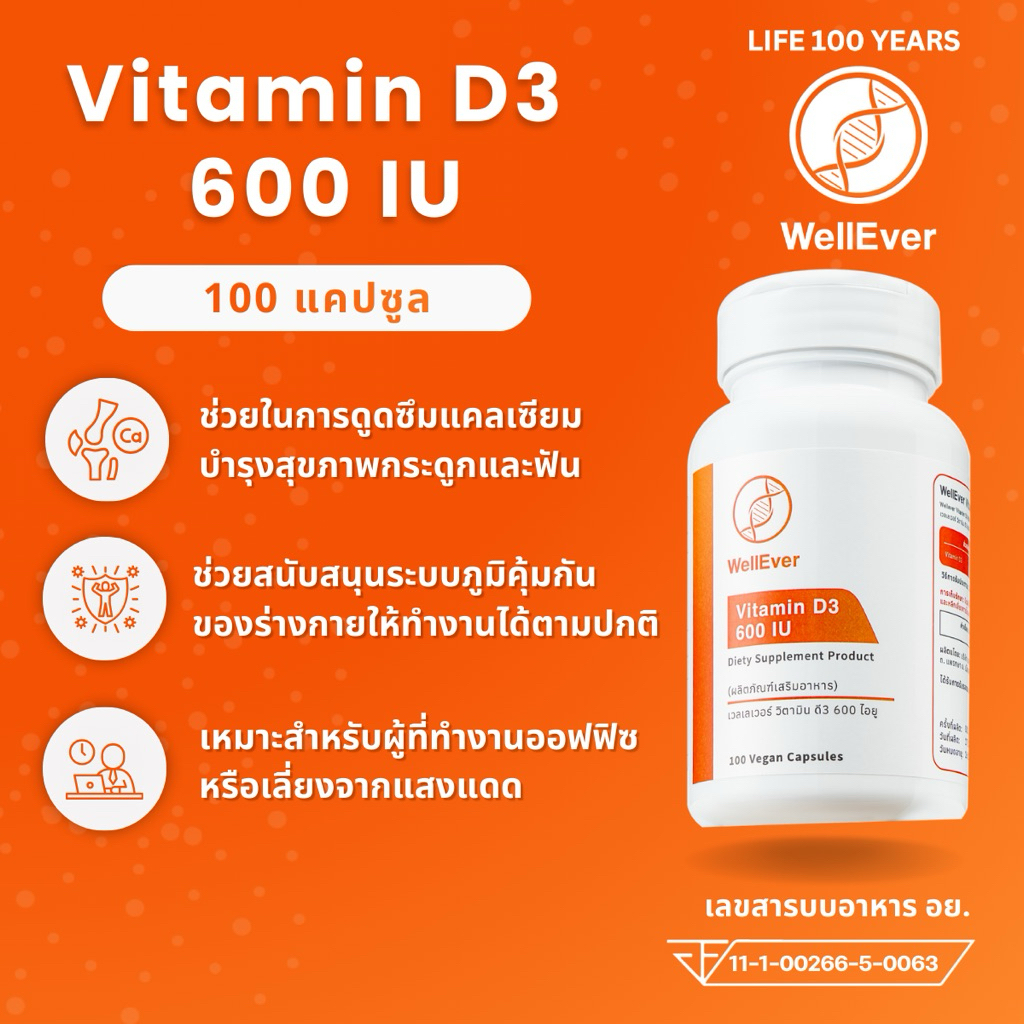 Vitamin D3 600 IU (100 แคปซูล) WellEver วิตามินดี3 600 IU เสริมภูมิคุ้มกัน กระดูกแข็งแรง