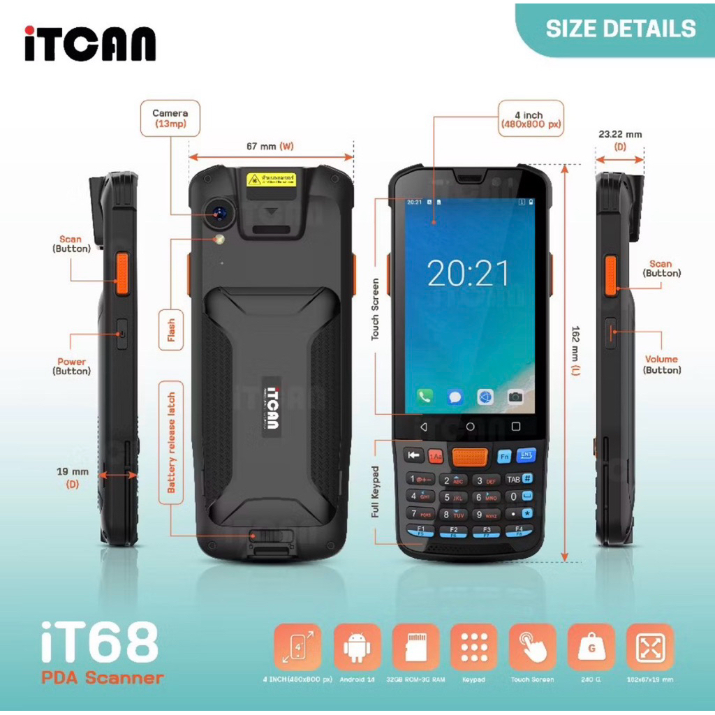 ครื่องสแกน PDA iT68 เครื่องสแกนบาร์โค้ดเครื่องนับสต็อคสินค้า เก็บข้อมูลสินค้า