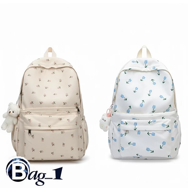 bag_1(BAG1908) กระเป๋าเป้ไนล่อนลายดอกไม้ ใบใหญ่**มีของแถมที่ห้อยน้องหมี**