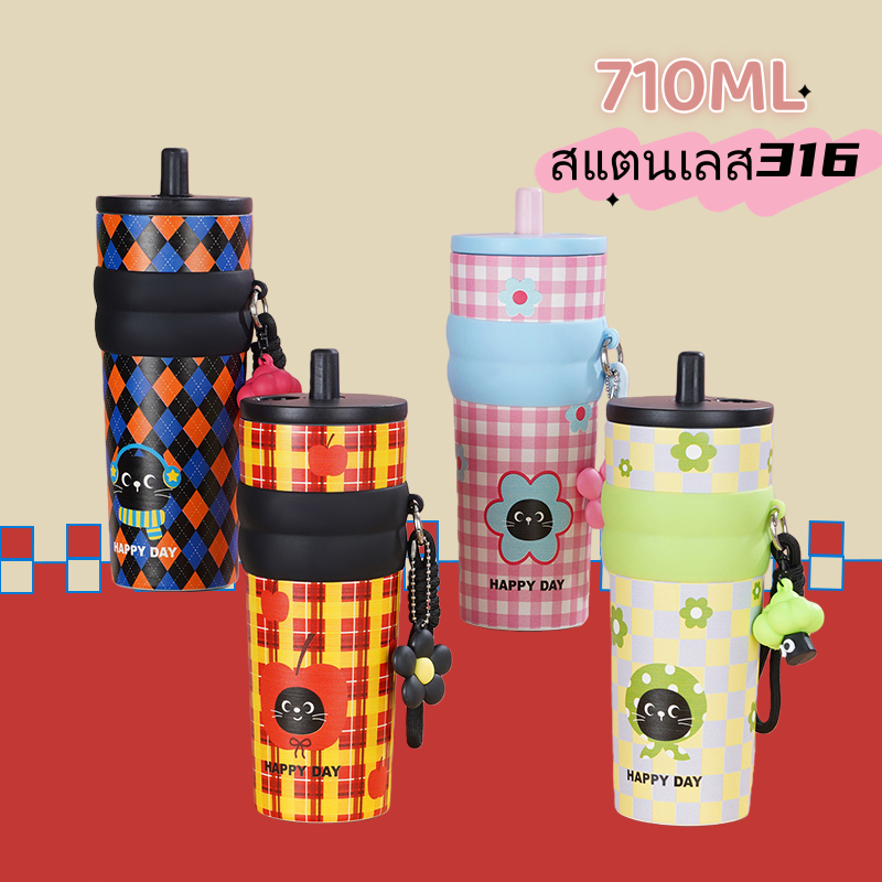 ถ้วยเก็บความร้อน 710ML แก้วเก็บความเย็น จุขนาดใหญ่ 316 สแตนเลส ไตล์น่ารักใหม่ พร้อมหลอด แก้วกาแฟ ลายน่ารัก