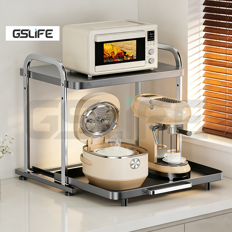GSlife ชั้นวาง แบบประหยัดพื้นที่ครัว​ ลิ้นชักสแตนเลสเลื่อนออก วางไมโครเวฟและจัดเก็บเครื่องชงกาแฟ