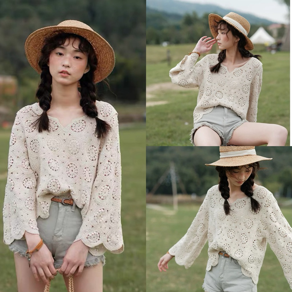 เสื้อถักลูกไม้แขนยาว   เสื้อถักโครเชต์ ผ้าหนามีน้ำหนัก