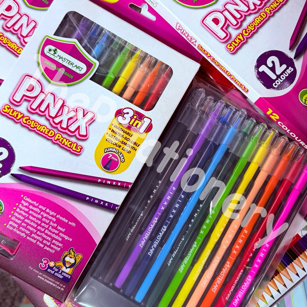 Masterart ดินสอสี Pinxx ระบายน้ำ ไส้ใหญ่ ล้างออกได้ เซต12สี พร้อมกบเหลา