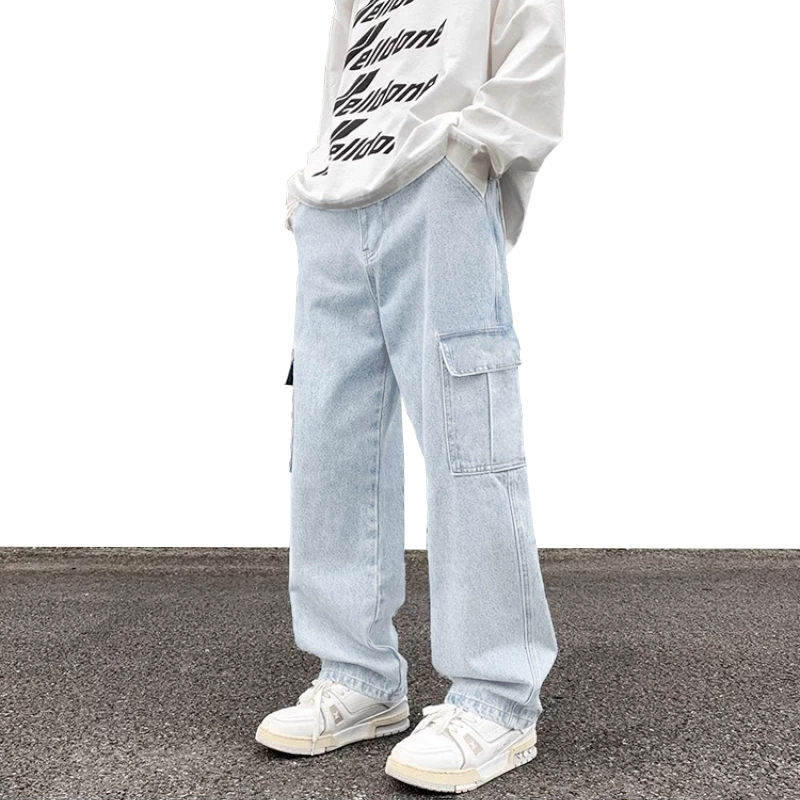 กางเกงยีนส์สำหรับผู้ชาย กางเกงคาร์โก้สำหรับผู้ชาย ทรงหลวมตรง ลำลอง กางเกงยีนส์คาร์โก้สไตล์เกาหลี สีเทา - รูปที่ 3