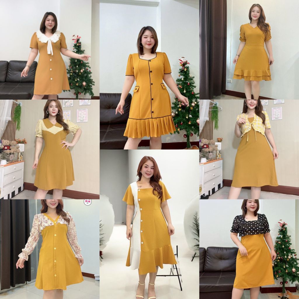 ชุดเดรสสาวอวบ ผ้ายืดวูลเวฟ งานสีเหลือง แบบสวยน่ารักๆ ค่ะ  รอบอก 40-48 นิ้ว