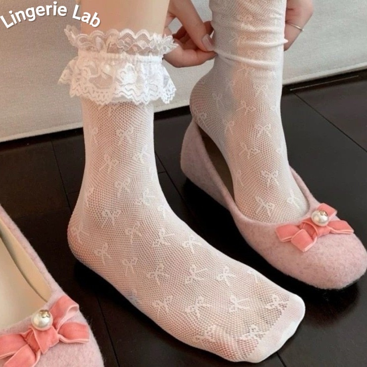ถุงน่องลูกไม้หวานสำหรับผู้หญิง ทรงบาง ตกแต่งด้วยลูกไม้และโบว์ สไตล์โลลิต้าบัลเล่ต์ญี่ปุ่น