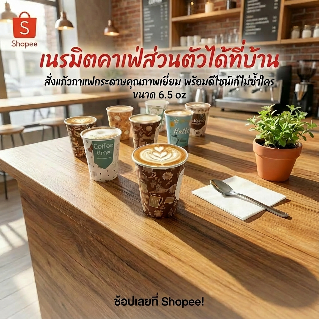 [ยกลัง] แก้วกาแฟกระดาษ 6.5 oz แบบมีหูจับ สีขาว คละลาย จำนวน 50 ใบ/แถว 50x40=2,000 ใบ/ลัง