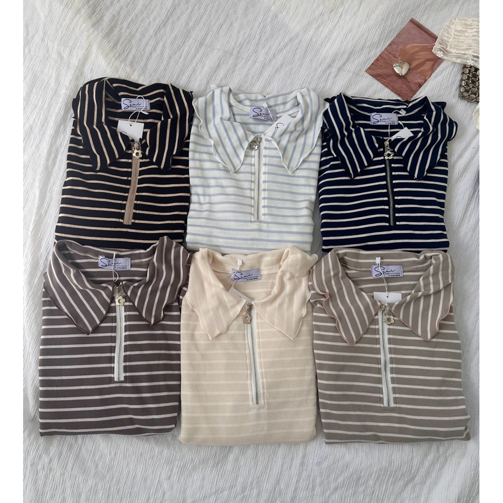 Tommy top🧢[strpip -ลายทาง]  เสื้อยืดคอปกแขนยาว แขนกระบอก ผ้าร่องKorean