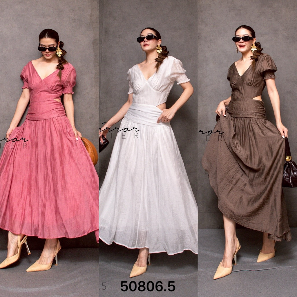 🔖Mirrorsister 50806.5 เดรสยาวผ้าพริ้ว ช่วงอกเต้าทรง คอVลึก แขนตุ๊กตาเย็บสม็อคปลายแขน สวมใส่ง่าย ดีไซน์เอวเว้า1ด้าน