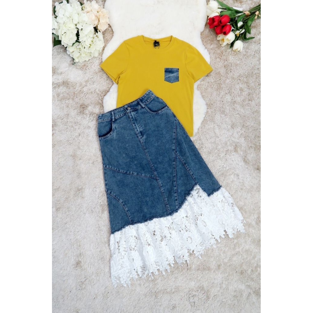 ชุดเซ็ตสวยเก๋ มี3สี!!! M-4XL Set2ชิ้น เสื้อยืดแขนสั้น+กระโปรงยีนส์ชายลูกไม้ งานป้าย DNY - รูปที่ 7