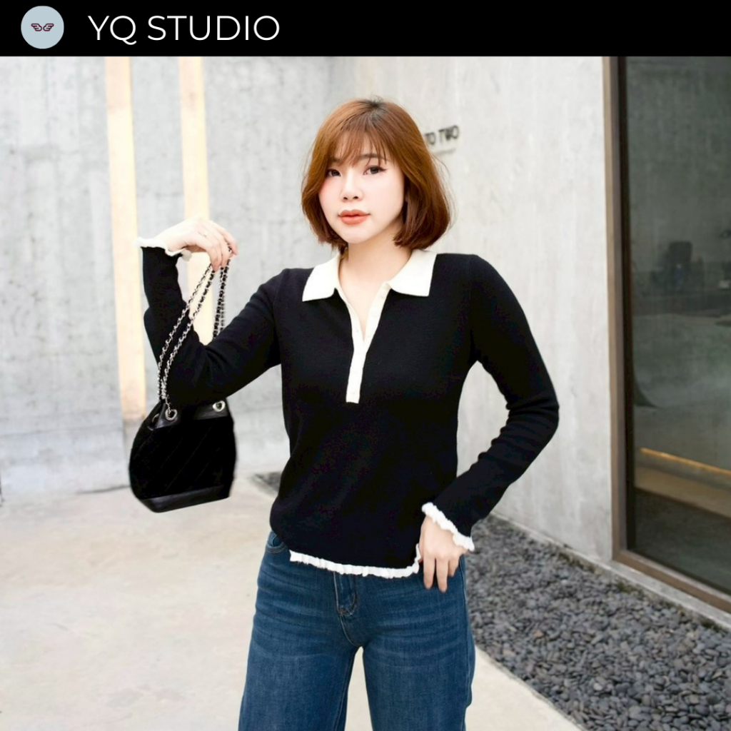 MG745 YQ KOREAN SHOP Verde Polo เสื้อโปโลแขนยาวทูโทน ป้ายYQ