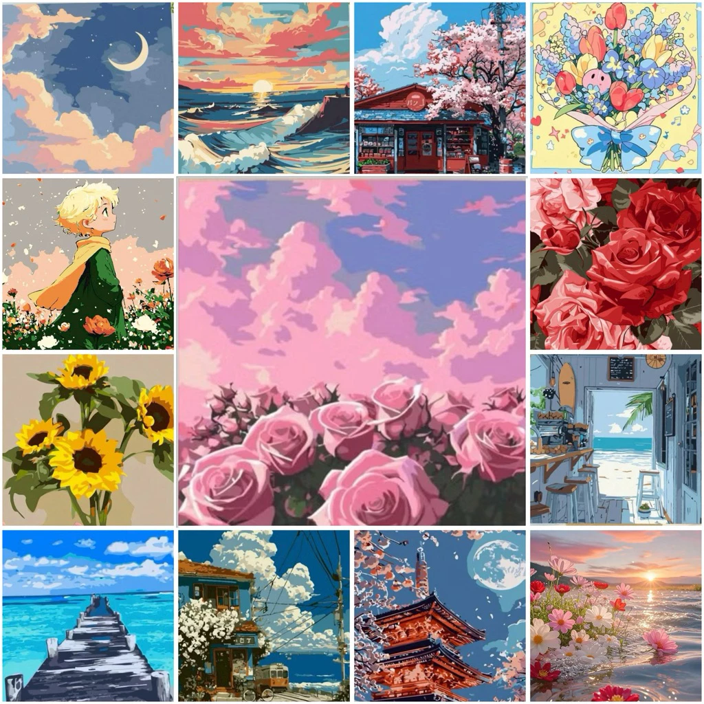 ภาพระบายสีตามตัวเลข DIY 20×20 ซม. 50 ลาย | พร้อมเฟรมไม้ + อุปกรณ์ครบ | Paint by Numbers ตกแต่งบ้าน