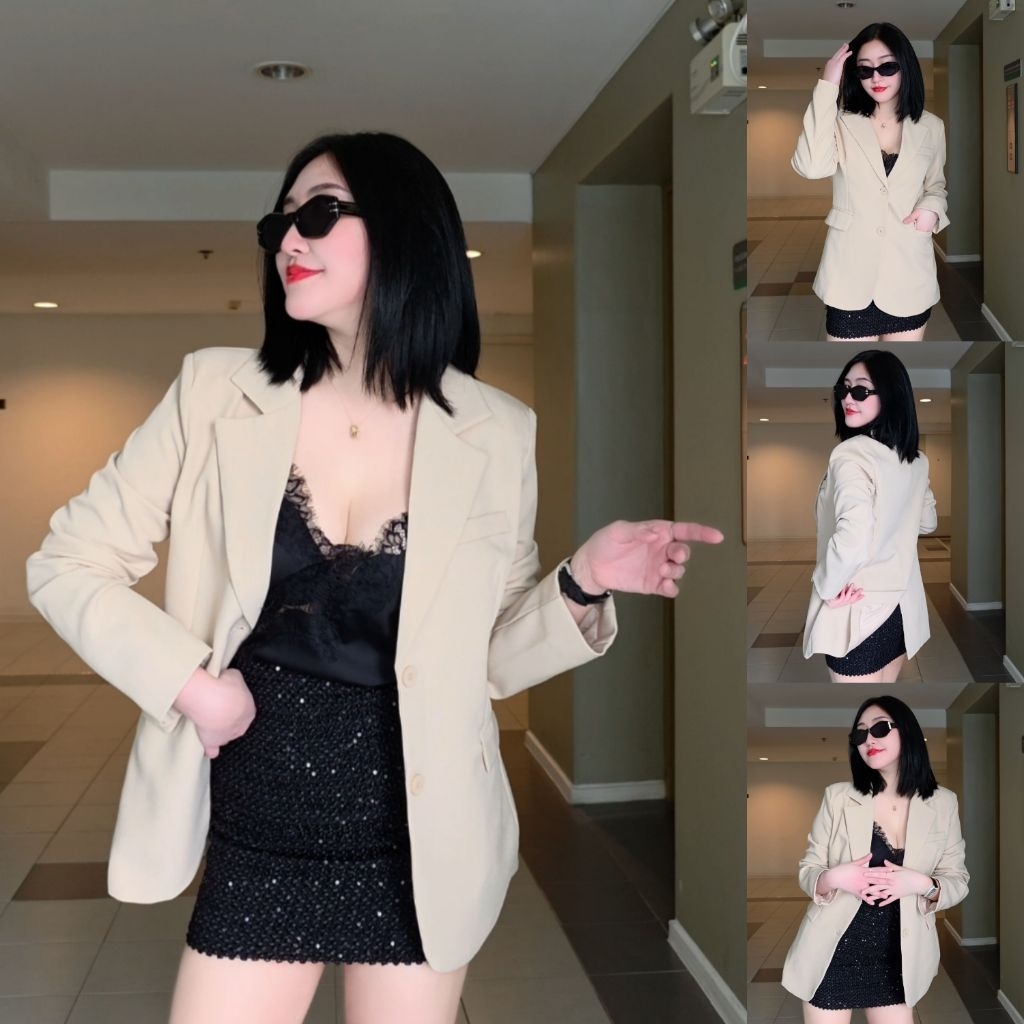 เสื้อสูทเบลเซอร์สีเบจ ทรงเข้ารูป รุ่นควีน ผ่าหลัง (OneAmorEstable) ผ้าหนา อยู่ทรง