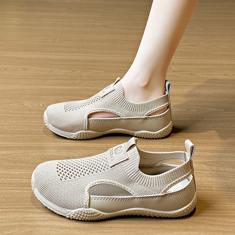 รองเท้าส้นแบนสำหรับผู้หญิง สไตล์เกาหลีใหม่ กันลื่น ระบายอากาศ สวมใส่สบาย น้ำหนักเบา ดีไซน์แบบโปร่ง มีให้เลือก 2 สี