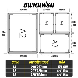 ป้ายเมนูไฟ LED ขนาด A4 A3 A2 ปรับมุมและความสว่างได้ แผงกระจกนิรภัย ป้ายเมนูอาหาร แผ่นเมนูเรืองแสง