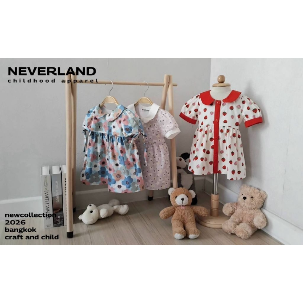 NEVERLAND ชุดเดรสสำหรับลูกสาว แขนเบิ้ลและแขนผูกเชือก ลายสตอเบอรี่ ลายแกะ และลายดอก ผ้า Cotton 100%