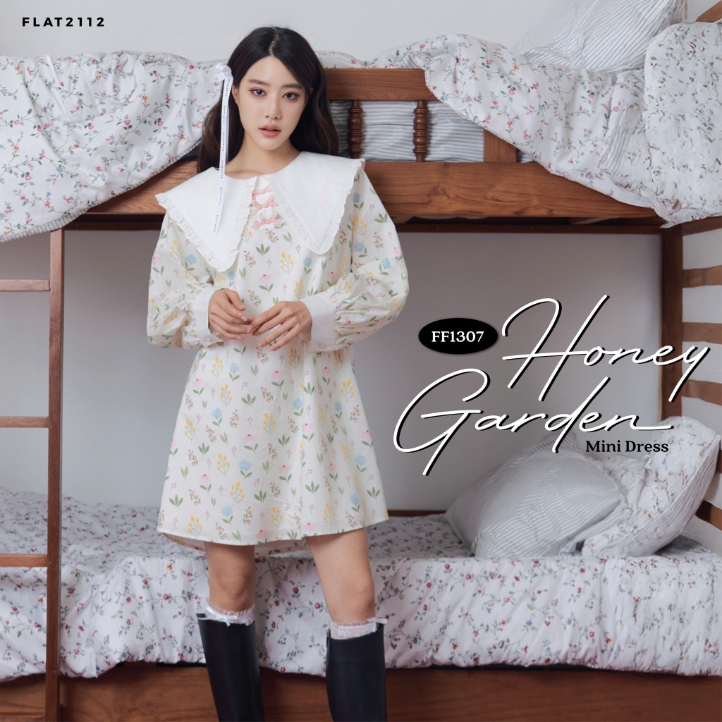 FLAT2112 : HONEY GARDEN MINI DRESS เดรสสั้นแขนยาว เดรสสั้นสุดคิวต์ เดรสสั้นลายดอกไม้ เดรสออกงาน (FF1307)