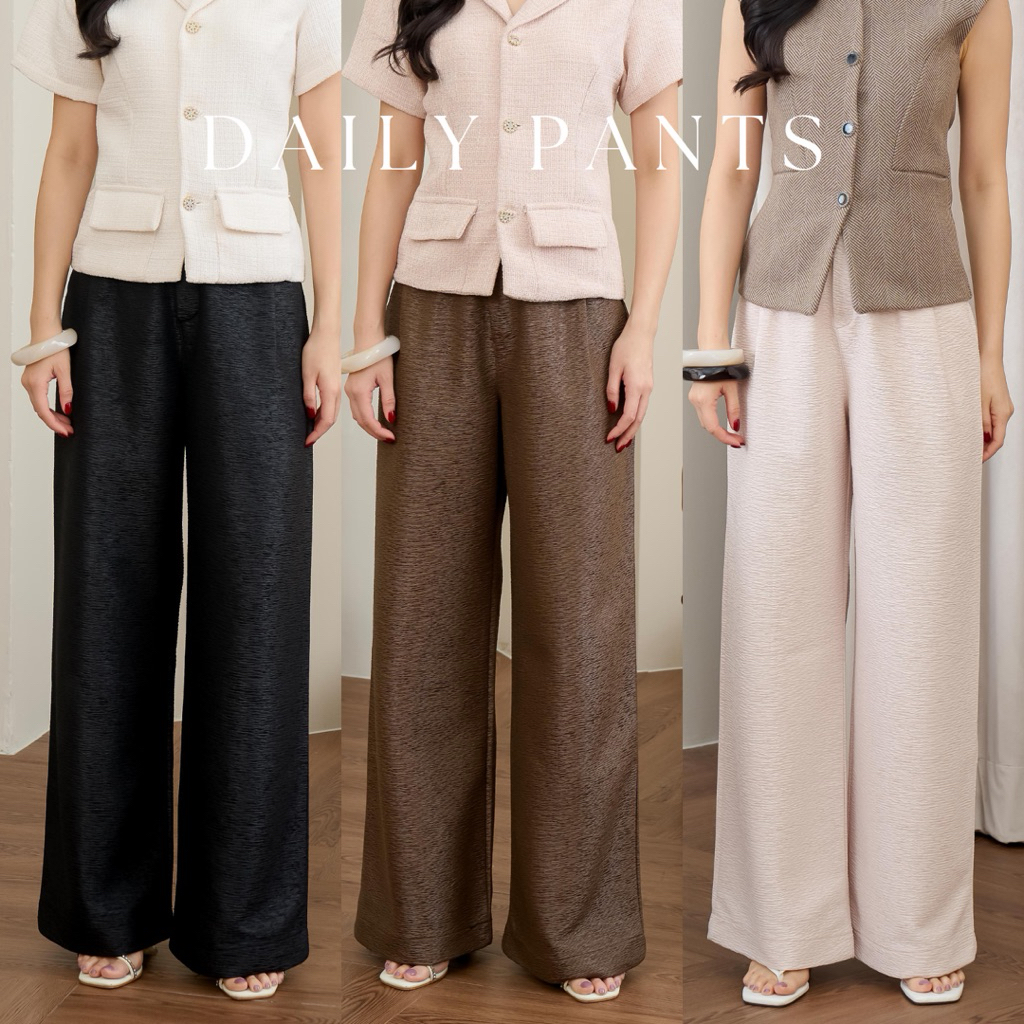 DAILY PANTS กางเกงขายาวเอวสูงดีเทลซิบหน้ากระดุมหน้า ผ้าลายยับพิเศษ นั่งทำงานทั้งวันก็ไม่ยับ ไม่ย้วย