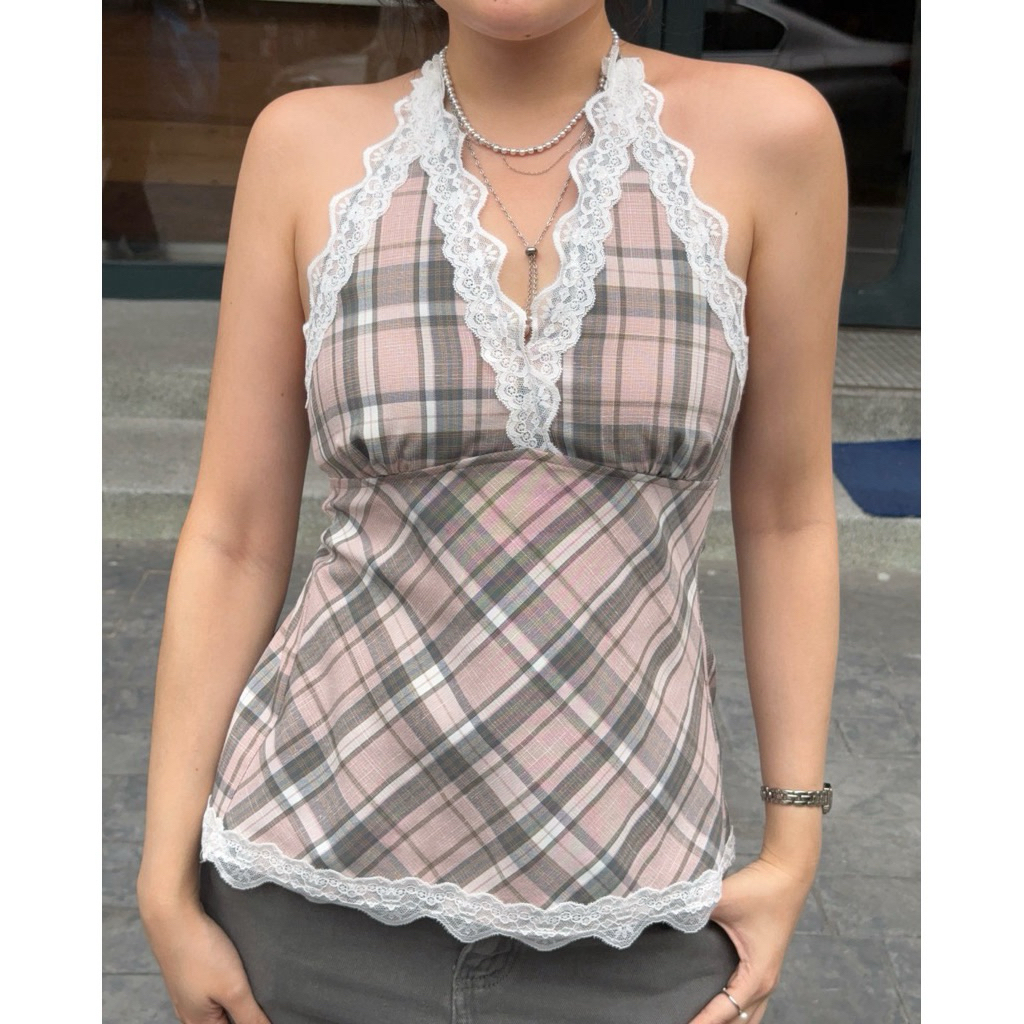 ส่งต่อ Melt.Inmoment - Hunny Top เสื้อคล้องคอสก็อตแต่งลูกไม้ Size L