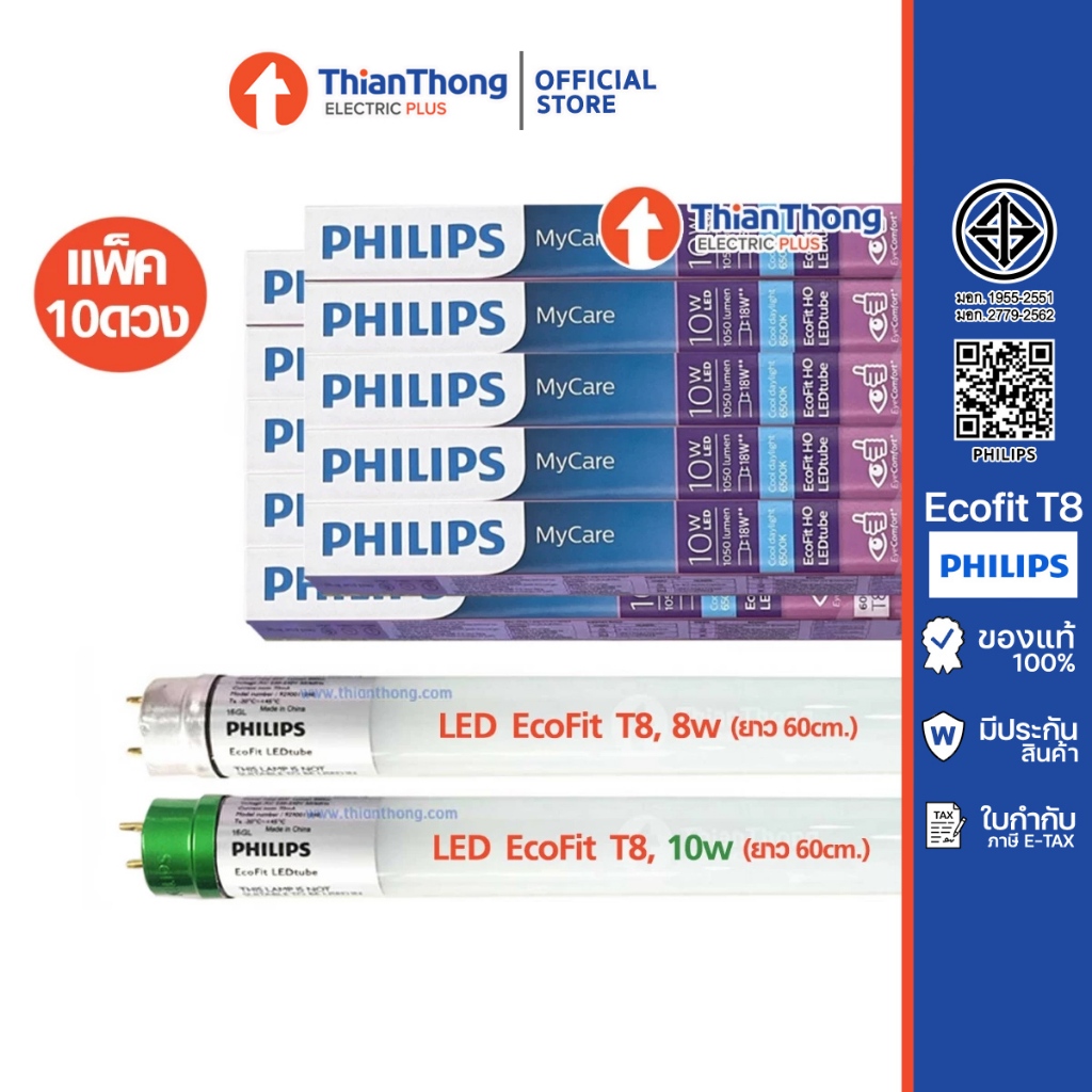 [ยกลัง 10 ดวง] Philips หลอดนีออนสั้น LED Ecofit T8 8W, 10W 6500K ความยาว 60CM แสงขาว