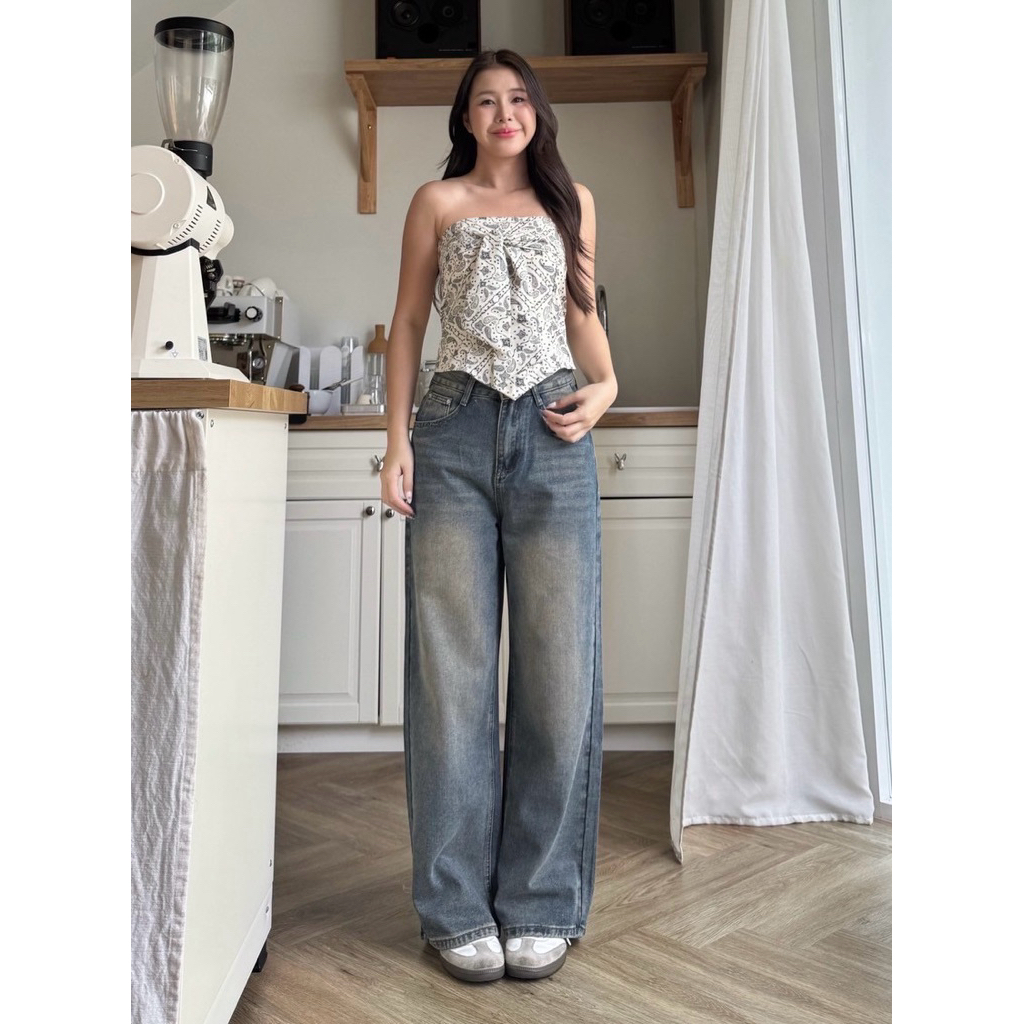 กระบอก Baggy jeans เอวสูงสีฟ้าฟอก ผ้าฮ่องกง มีไซส์ S-6XL เอว 24-42“