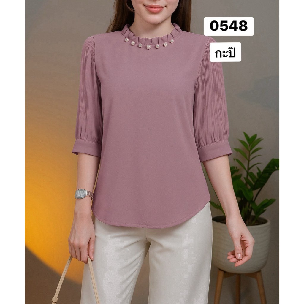 🔥Chanan☘️ 0548 เสื้อชีฟองผสมเกรดดี คอกลมระบายเล็กๆแต่งไข่มุก สีพื้นเรียบหรู ใส่ออกงาน ใส่เที่ยว เสื้อผู้หญิง มี7สี - รูปที่ 5