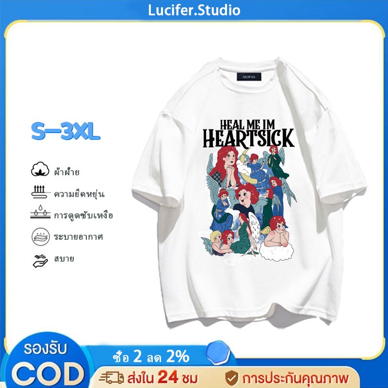 Lucifer （จัดส่งตลอด 24 ชั่วโมง） เกาหลี oversize คอกลม เสื้อยืด CMDXY0066 ผ่อน ผ้าคอตตอน ลายสกรีน ฤดูร้อน สบาย