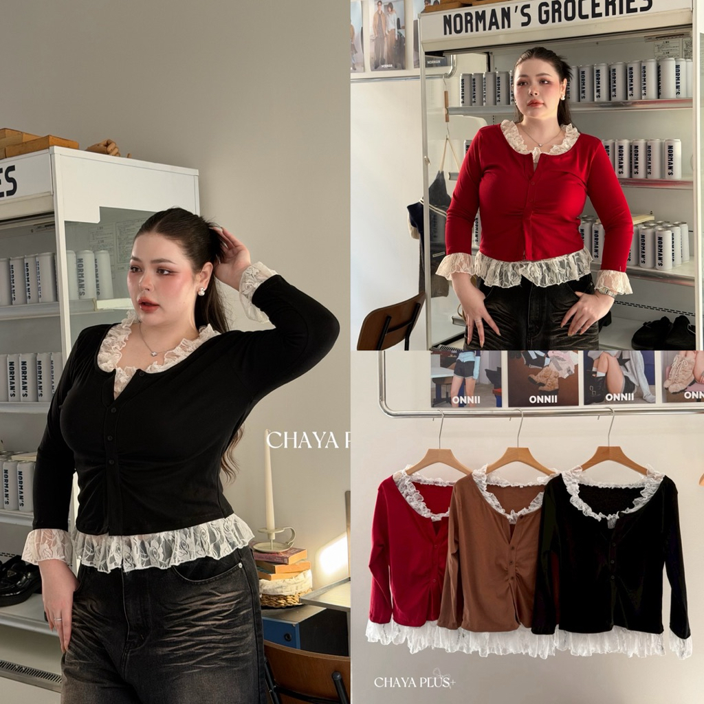 (LD) เสื้อครอปแขนยาว แต่งคอและชายลูกไม้ สวย เก๋มาก ใส่กับยีนส์เริ่ดเลยล่ะ เสื้อผ้าสาวอวบอ้วน พลัสไซส์ ไซส์ใหญ่