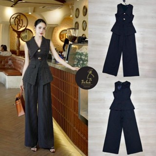 Ticha Set 2 ชิ้นสีดำลายทาง เสื้อแขนสั้นคอปกใหญ่ ดีเทลแต่งอะไ…