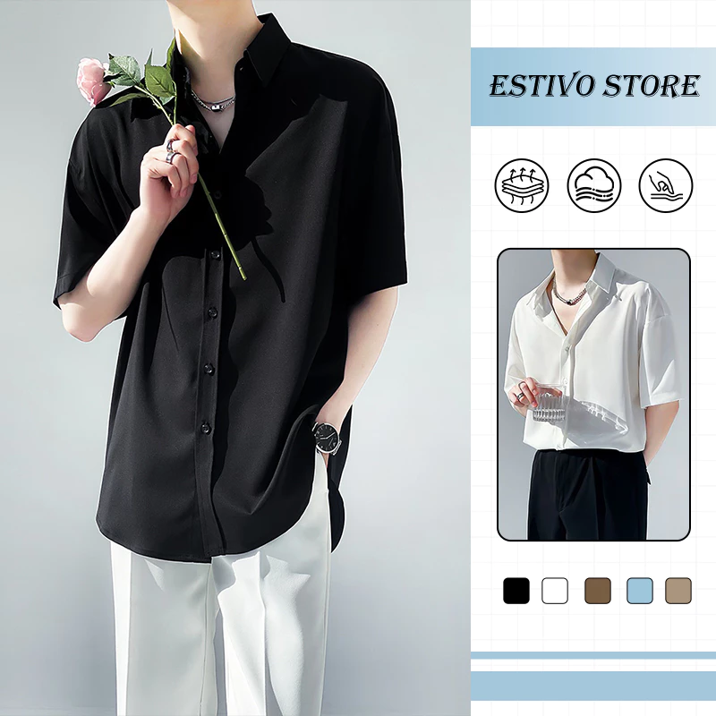 เสื้อเชิ้ตสีทึบเกาหลีแฟชั่นผ้าแขนสั้นลําลองระบายอากาศและสะดวกสบายจัดส่งภายใน 24 ชั่วโมง