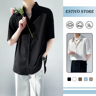 เสื้อเชิ้ตสีทึบเกาหลีแฟชั่นผ้าแขนสั้นลําลองระบายอากาศและสะดวกสบายจัดส่งภายใน 24 ชั่วโมง