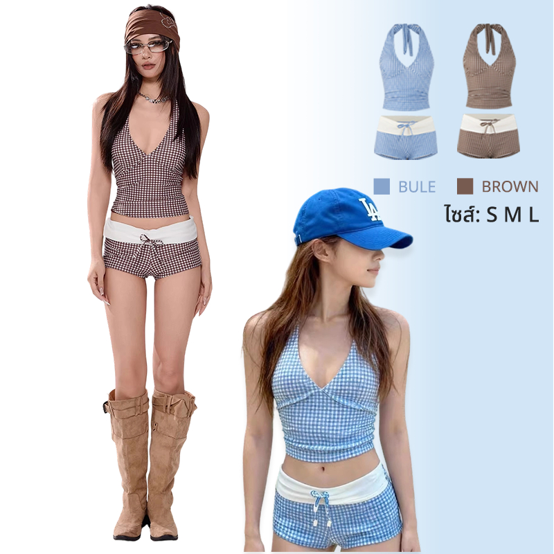 Hot.Bikini ชายหาด swimsuit ผู้หญิง บิกินี่ ลายสก๊อต คอวีลึก เว้าหลัง สไตล์ฤดูร้อนใหม่ จัดส่งตอนนี้