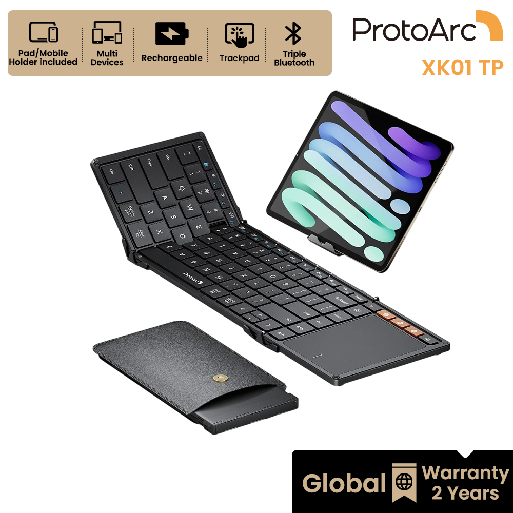 ProtoArc XK01 TP คีย์บอร์ดพับได้ ไร้สาย Bluetooth 3 ช่อง พร้อมทัชแพด Full Size ชาร์จได้ มีที่วางมือถือ สีดำ รับประกันทั่