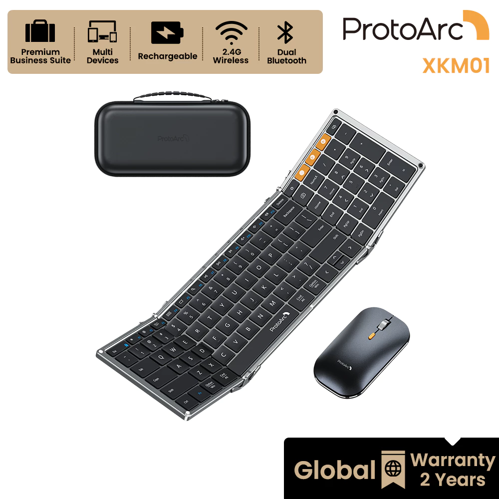 ProtoArc XKM01 คีย์บอร์ดและเมาส์พับได้ บลูทูธไร้สาย ระดับพรีเมียม + 2.4G ชาร์จได้ พร้อมกล่องแข็ง รับประกันทั่วโลก 2 ปี