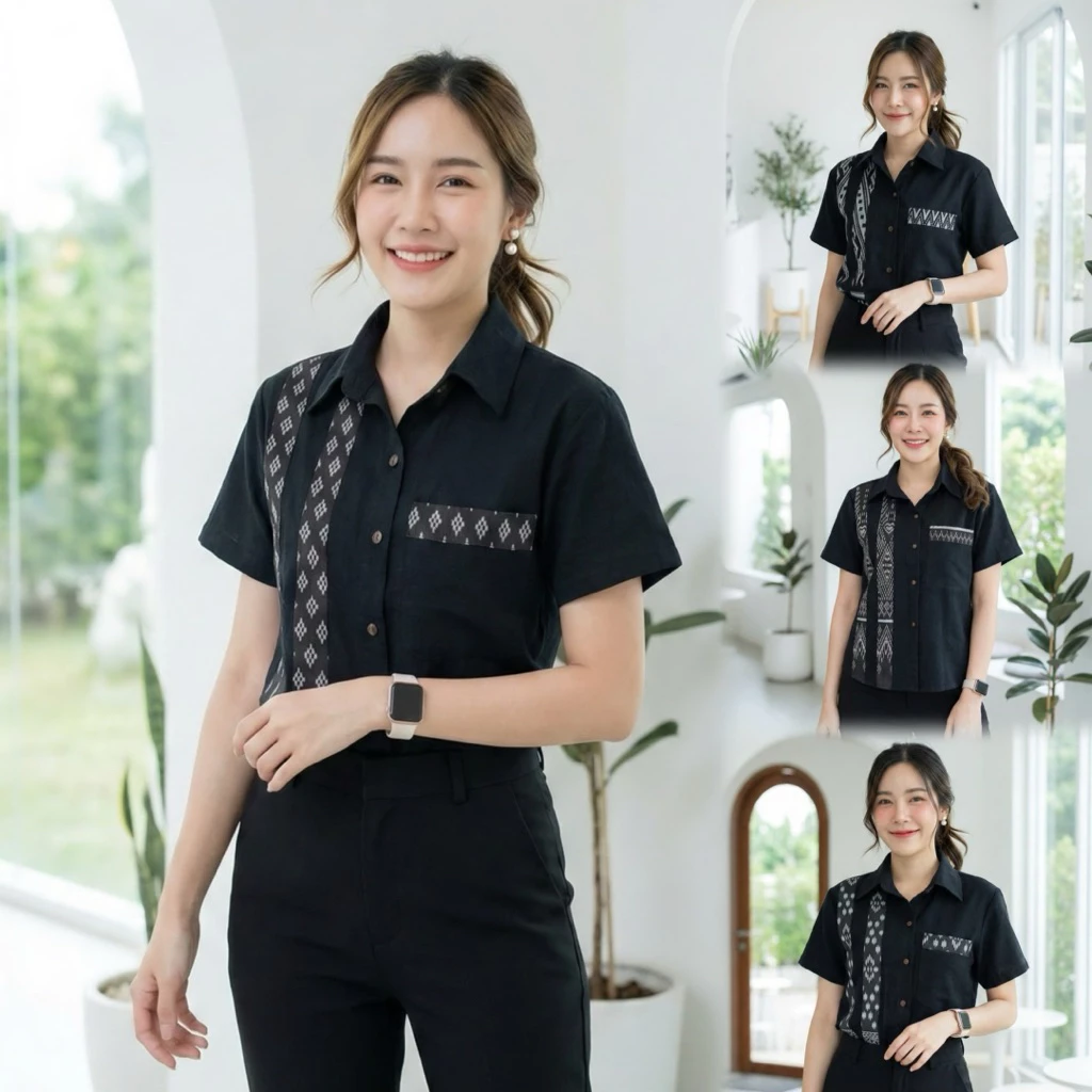 เสื้อพื้นเมืองผู้หญิงคอเชิ้ต แต่งแถบลายไทยคู่