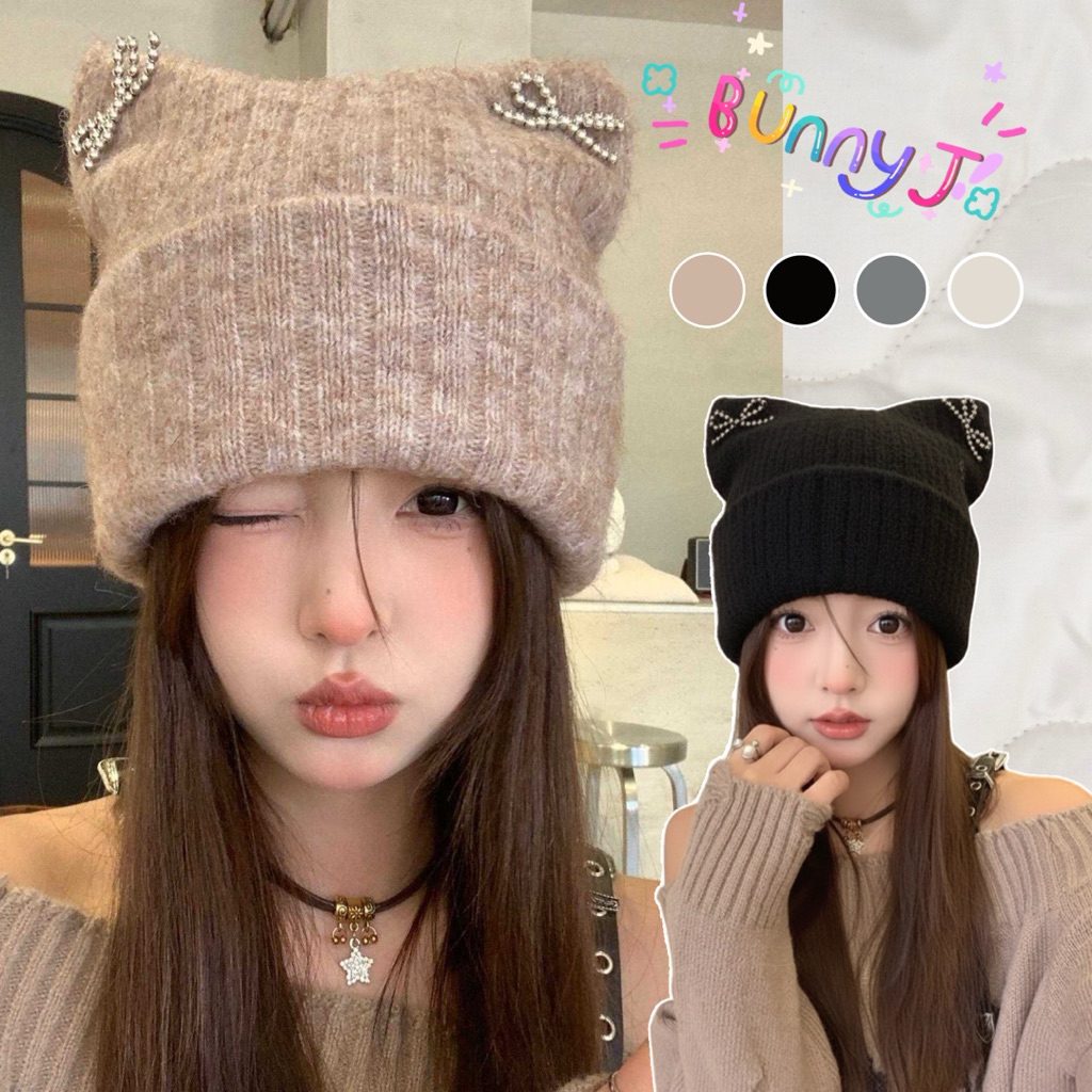 BunnyJ 🩷 หมวก Beanie ไหมพรม ทรงหูแมว สุดคิ้วท์ พร้อมส่งจากในไทย ทรงสวย ไอดอลใส่✨🫶🏻💖