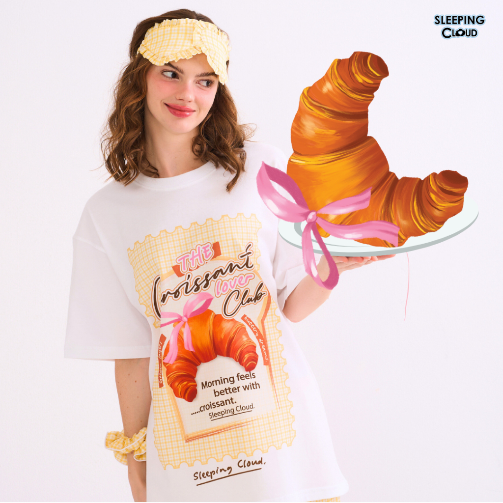 ชุดนอน SLEEPING CLOUD |  7 DAYS T-SHIRT + 100% LYOCELL Pants : เสื้อยืดขาว + ขาสั้น Croissant