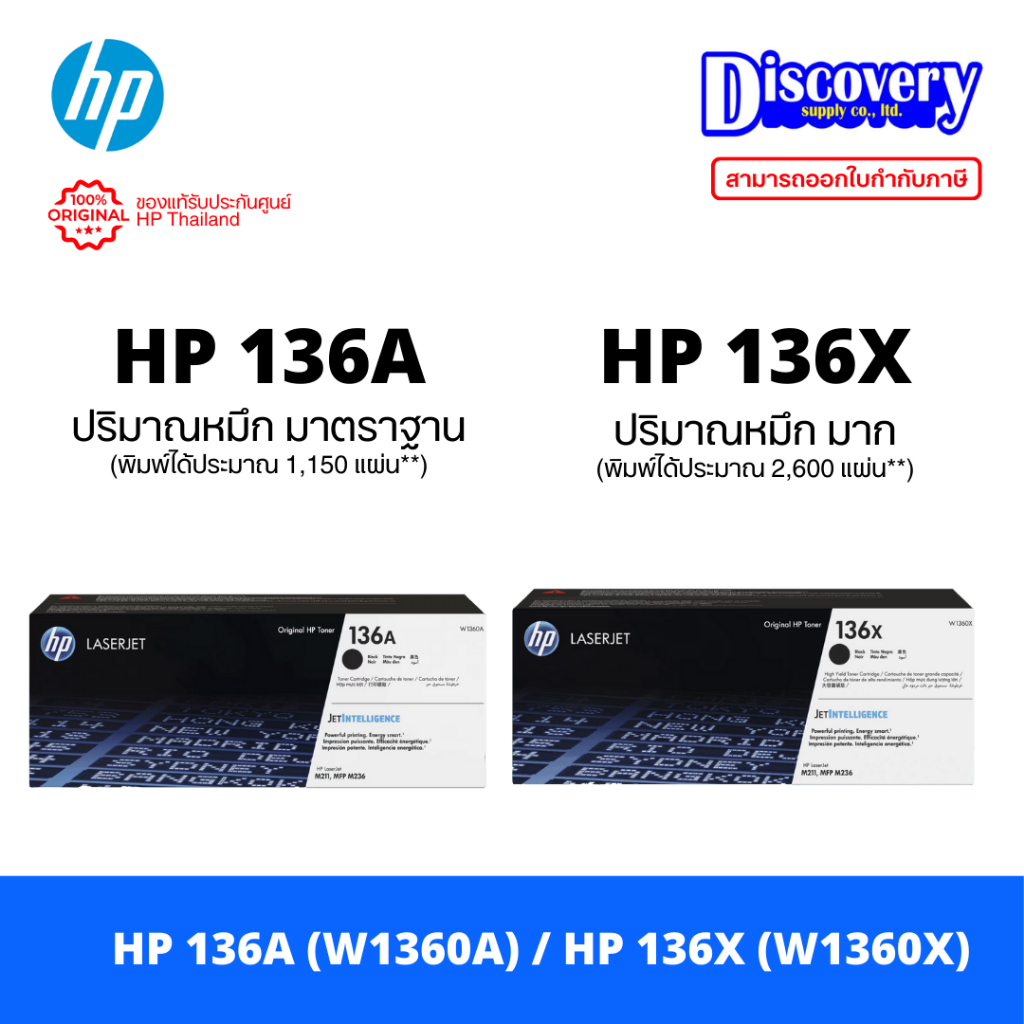HP 136A (W1360A) / 136X (W1360X) Black Toner ตลับหมึกแท้ สีดำ สำหรับ LaserJet M211 / MFP M236 (เลือก