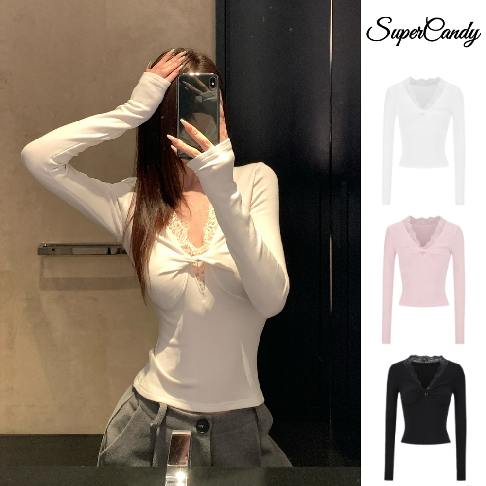 SuperCandy🌷เสื้อตัวในคอวีแต่งลูกไม้สำหรับผู้หญิง สไตล์ใหม่ปี 2026 แขนยาว ทรงเข้ารูป เสื้อตัวเก๋ไม่ซ้ำใคร
