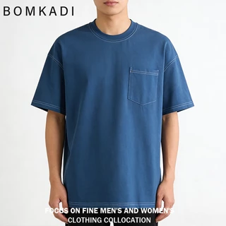 เสื้อยืดแขนสั้นผู้ชาย เสื้อยืดมีกระเป๋าOversized เส้นที่ตัดกัน ผ้าหนายับยากรีดง่าย เสื้อยืดทรงหลวม ดีไซน์คลาสสิค เสื้อยื