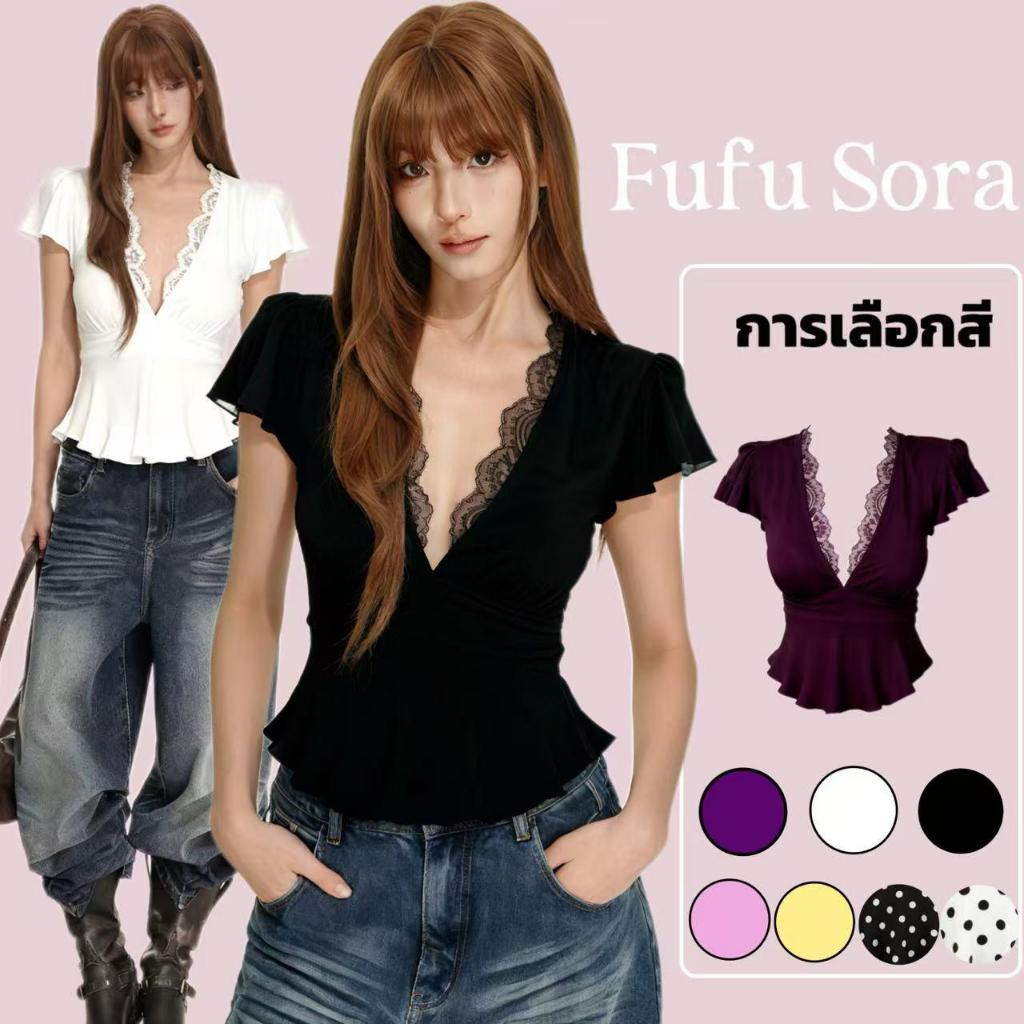 Fufu Sora.TH 💕สินค้าพร้อมส่ง💕 เสื้อเชิ้ตแขนสั้นคอวี ทรงเข้ารูป เอวลึก บุผ้าลูกไม้ด้านใน เหมาะสำหรับผู้หญิงรูปร่างอวบและเ