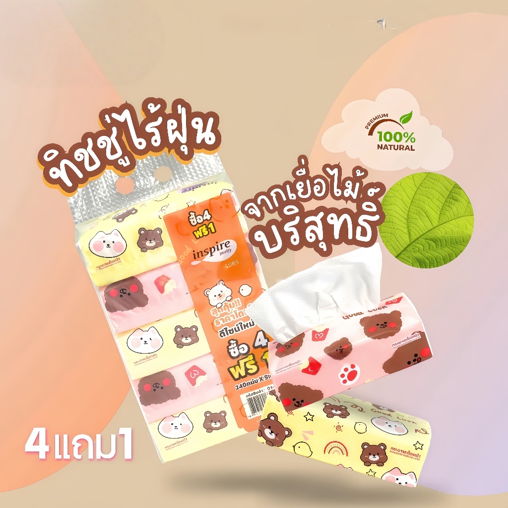 ทิชชู่ inspire ลายหมีน้อย ห่อละ 5 ห่อ ชุด 1 หิ้ว 240 แผ่น 3 ชั้น ทิชชู่หนา